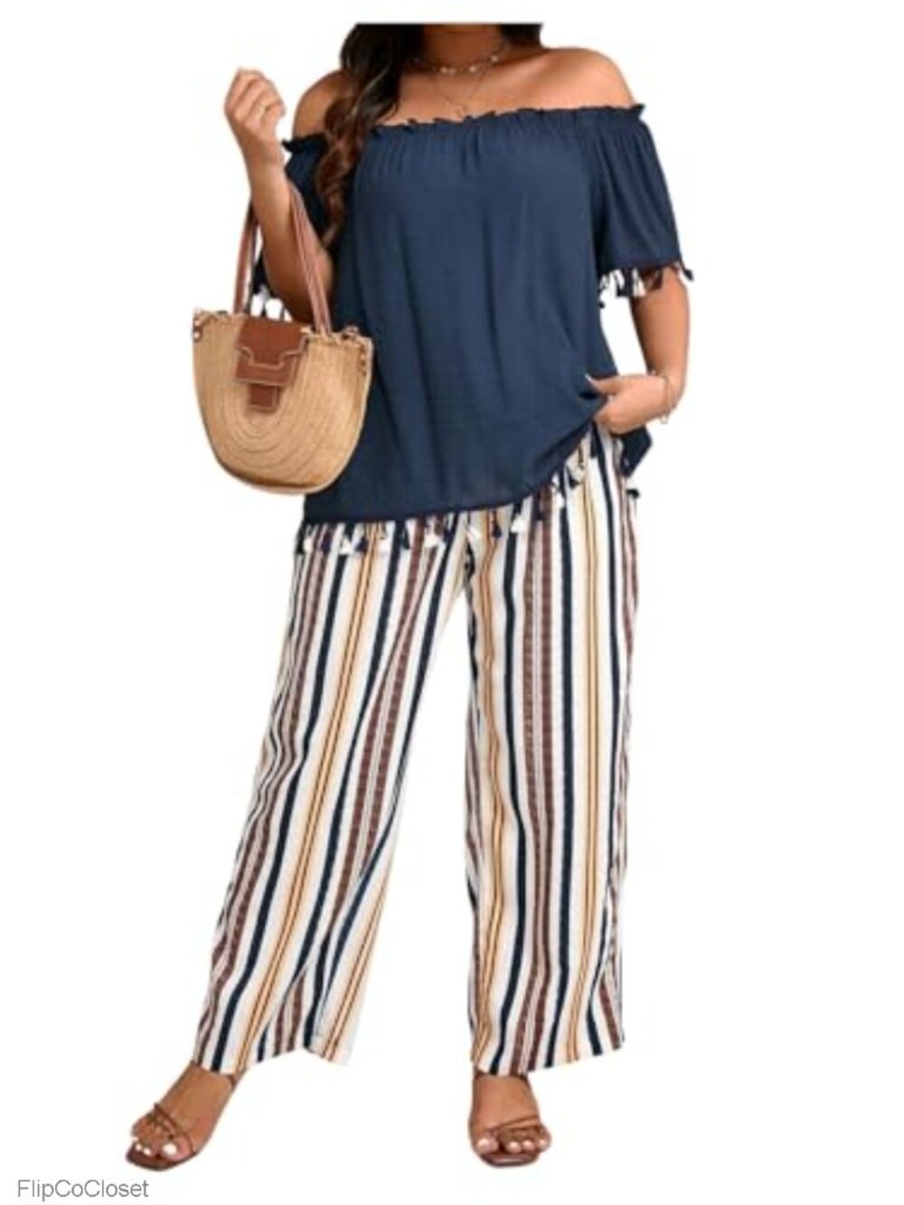 Plus Size 2 Piece Outfit Striped High Waist Straight Leg Pant Set
